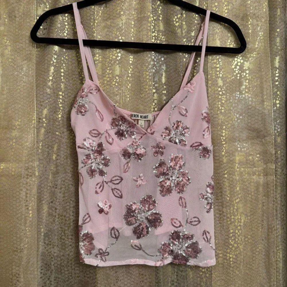 Derek Heart Light Pink Silver Floral Sequin Crop Cami Top Large Juniors NWT